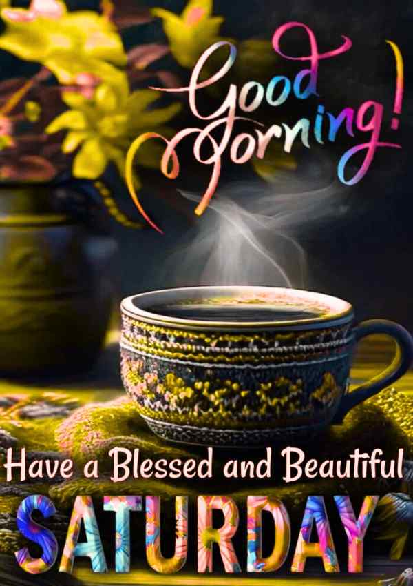 Good morning Saturday image with a cup of coffee and a background of yellow flowers.