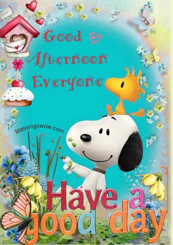 Cute Snoopy good afternoon image with flowers and butterflies wishing everyone a blessed afternoon