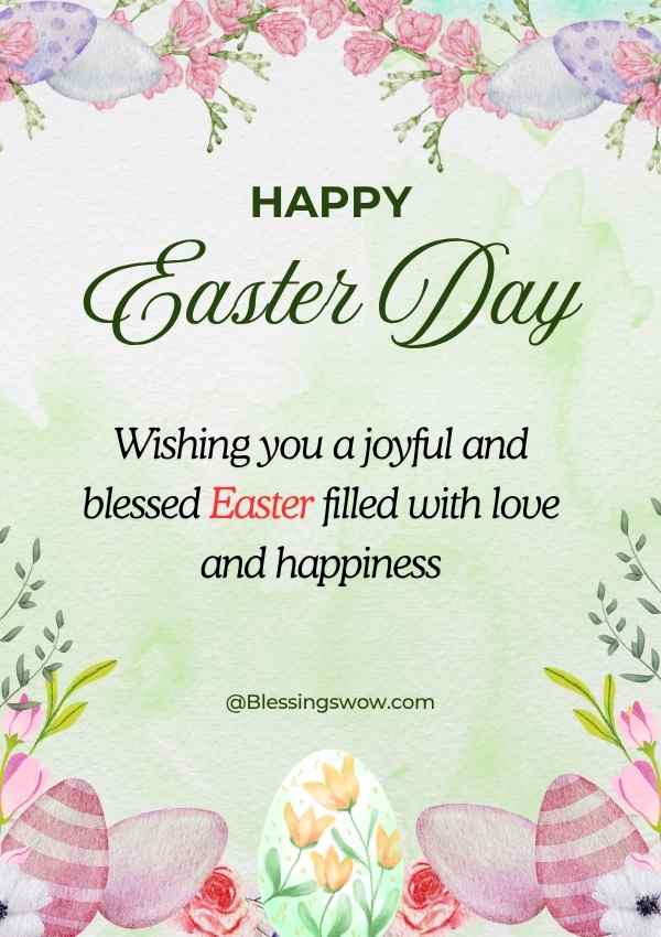 Happy Easter Day card with floral design and blessing message about joy, love, and happiness