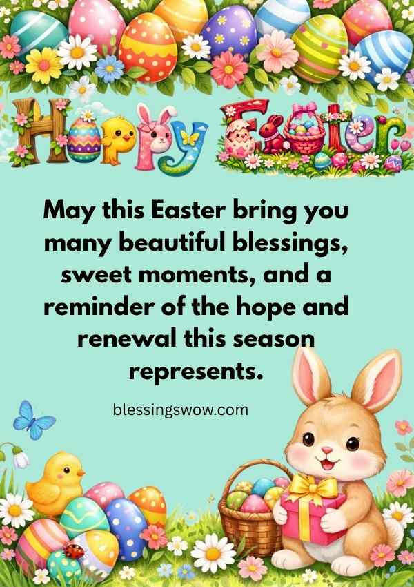 Cute Easter bunny with colorful eggs and Happy Easter text, celebrating blessings, spring renewal, and joyful moments