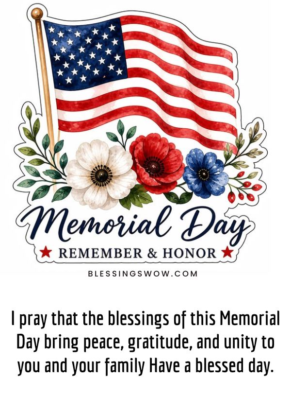 American flag Memorial Day prayer artwork with remembrance blessing and floral decoration