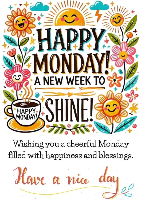 Bright and cheerful best Monday wish with smiling sun, flowers, and coffee. Includes a blessing for happiness and a wish for a nice day.