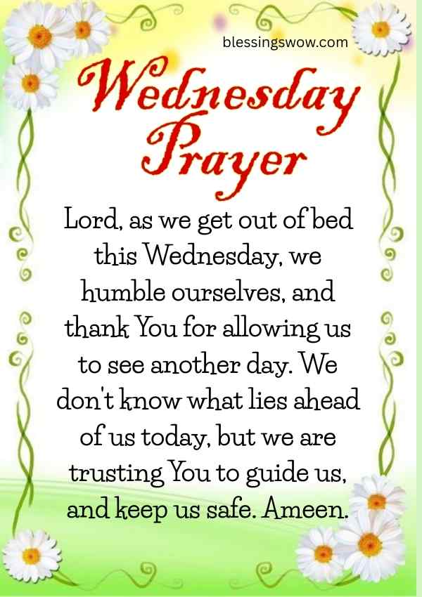 A peaceful Wednesday prayer image with a flower frame background, expressing gratitude for a new day and asking for guidance and safety