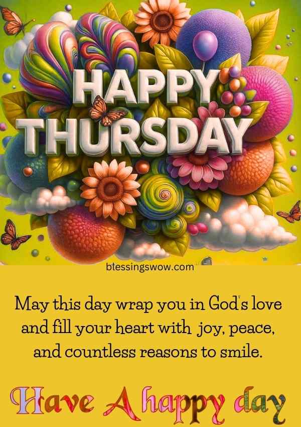 Happy and blessed Thursday greeting image with colorful flowers