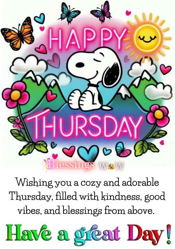 Happy Thursday greeting with Snoopy, butterflies, flowers, and morning sun, wishing kindness, good vibes, and blessings