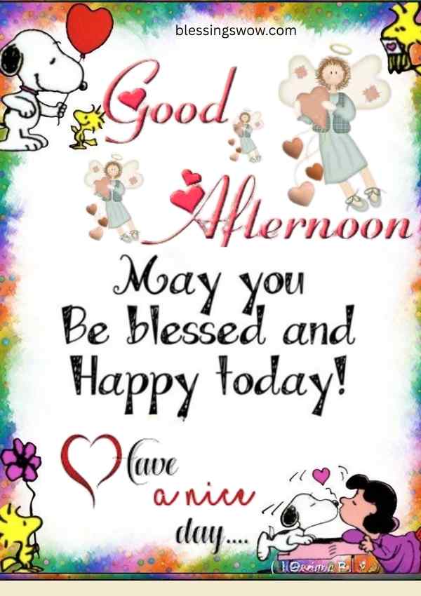 Good afternoon blessings image with Snoopy and Lucy sharing love and positive wishes.