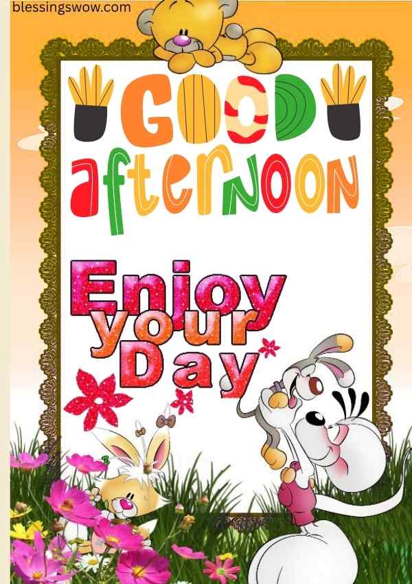 Colorful good afternoon wish image with cartoon animals and flowers