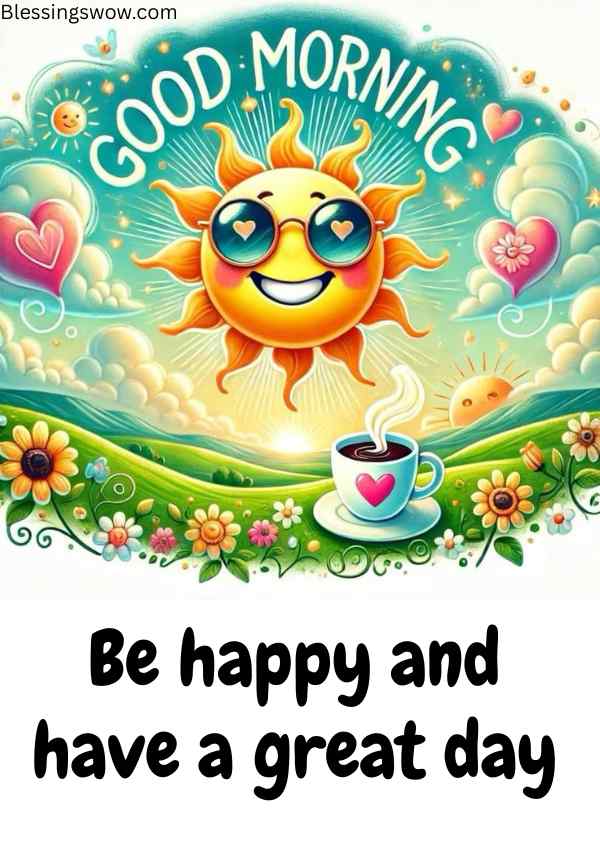 Cheerful good morning image with smiling sun, coffee cup, and flowers spreading positivity and happiness.