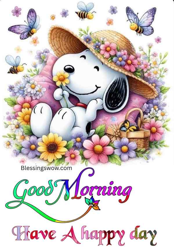 Cute Snoopy good morning image surrounded by colorful flowers and butterflies, wishing a happy and joyful day.