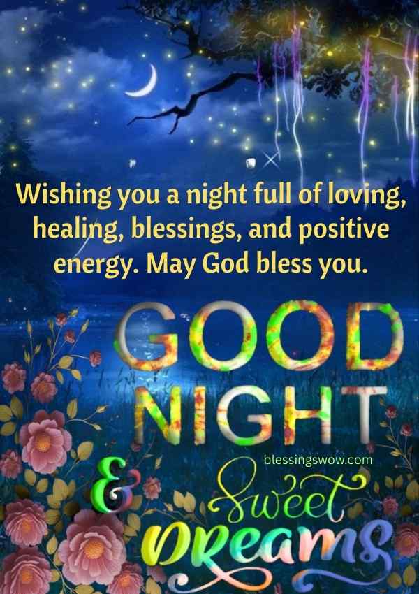 Good night blessings for family and friends with moonlight, flowers, and positive energy.