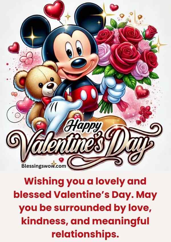 Cute Happy Valentine’s Day wish with teddy bear, flowers